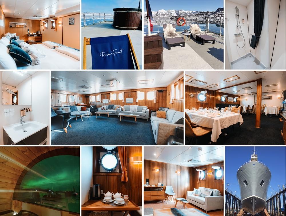 Polarfront’s interiors after the refit: suites, lounge, dining room, sauna