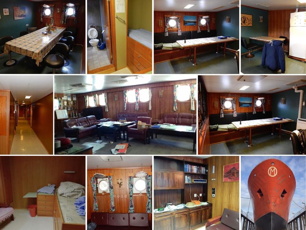 Polarfront’s interiors before the refit: dark wood paneling and weather-ship equipment